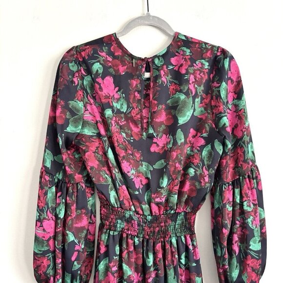 NEW MISA Los Angeles Simone Black and Pink Floral Satin Midi Dress Women’s Small - Picture 10 of 12